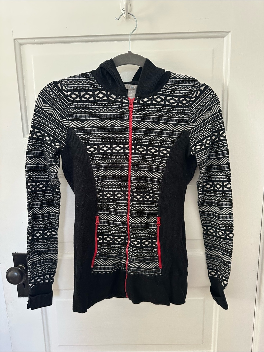 SKYR Black & White Patterned Zip Cardigan with Red Trim